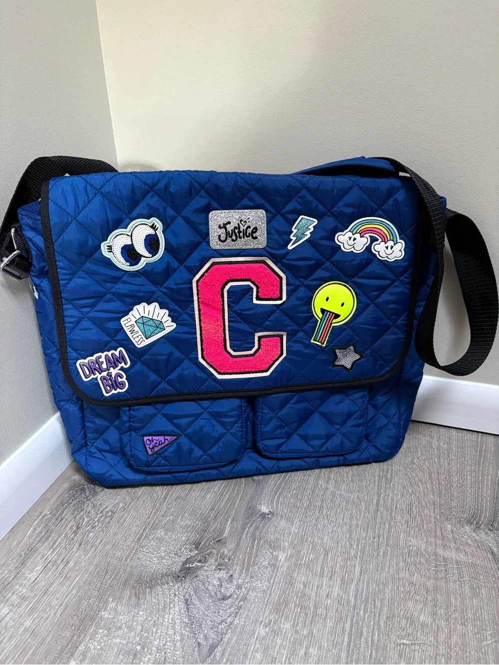 Justice Blue Quilted Patch New Messenger Bag with C Initial